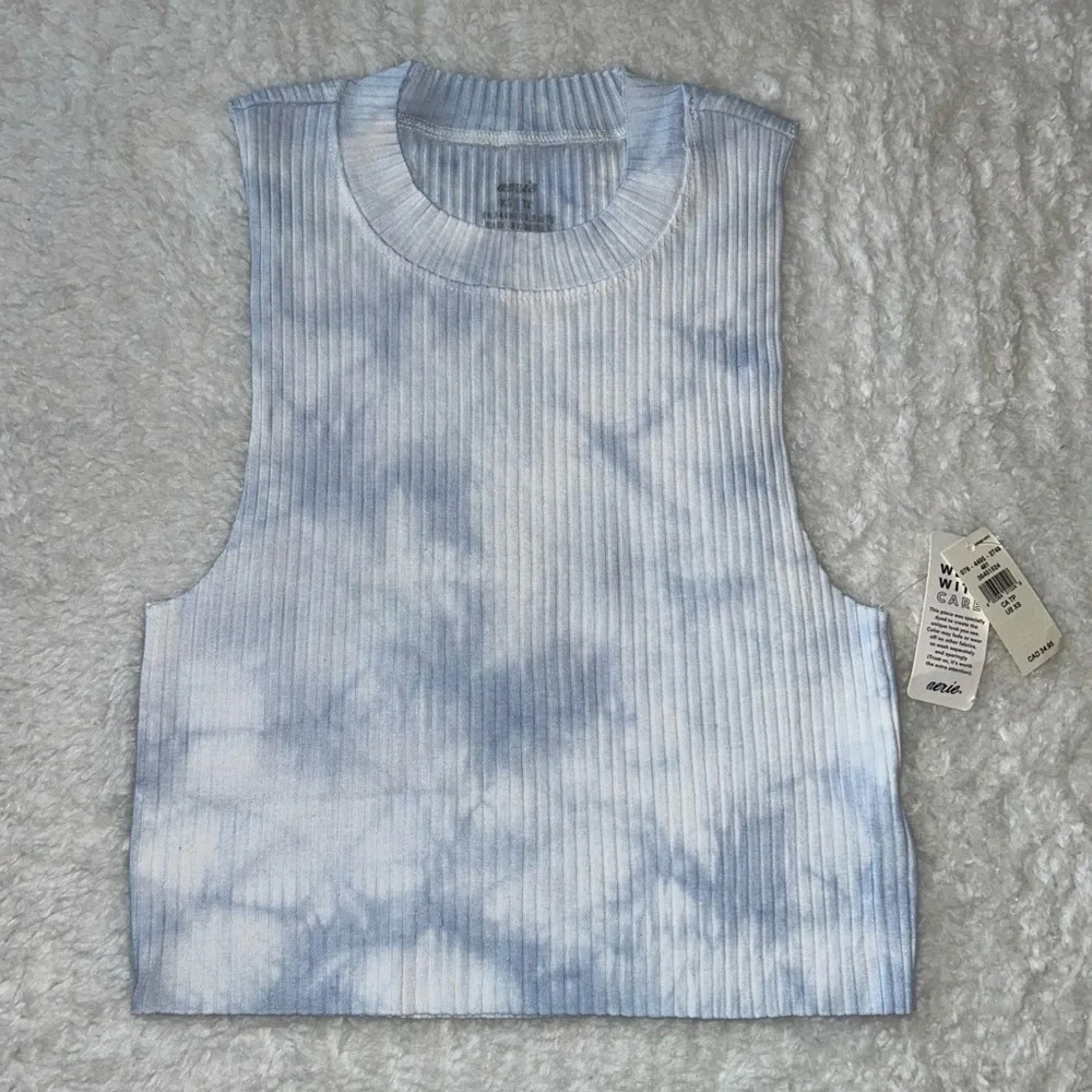 Aerie Rebel Ribbed Crop Tank Top Size XS Blue & White NWT